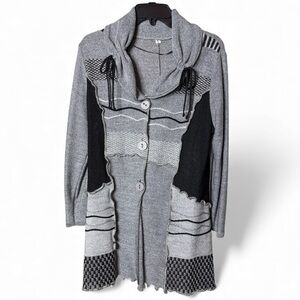 Swiss Artisan Womens L Gray Patchwork Knit Cardigan Jacket Linen Blend Boho Chic